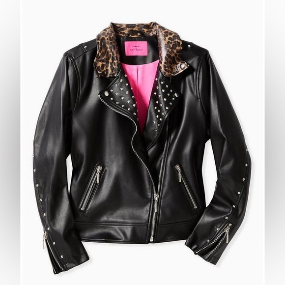 TORRID x BETSEY JOHNSON Leopard Trim Studded Faux Leather Jacket Black Size 1X - Picture 11 of 16